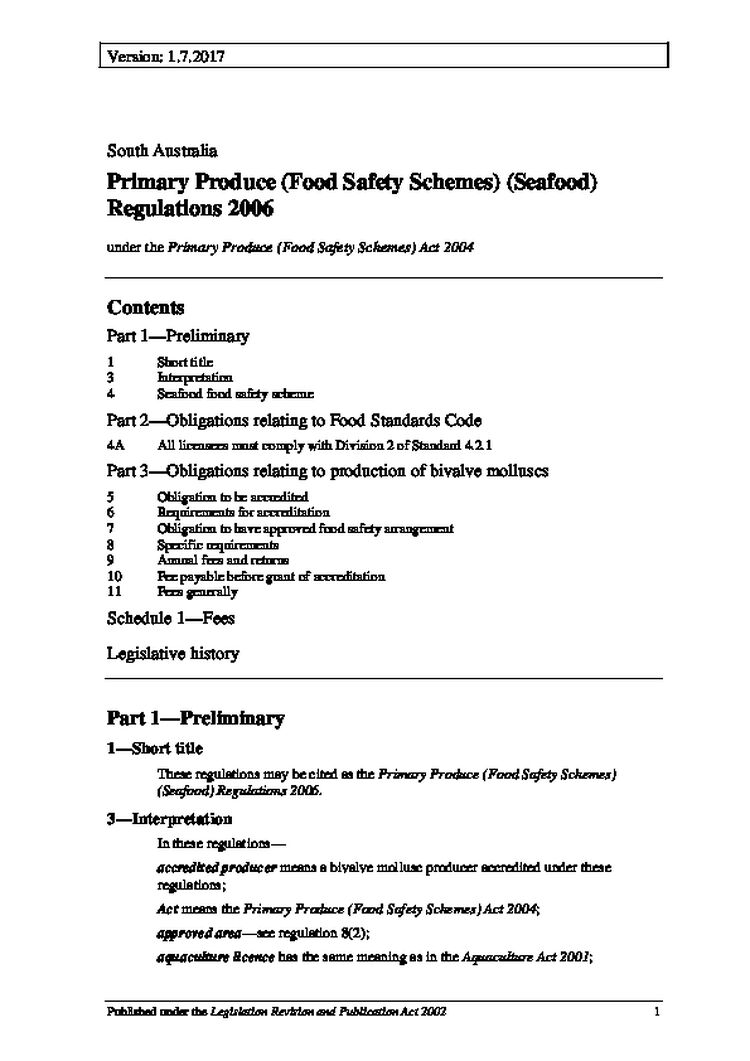 SA Primary Produce (Food Safety Schemes) (Seafood) Regulations 2006
