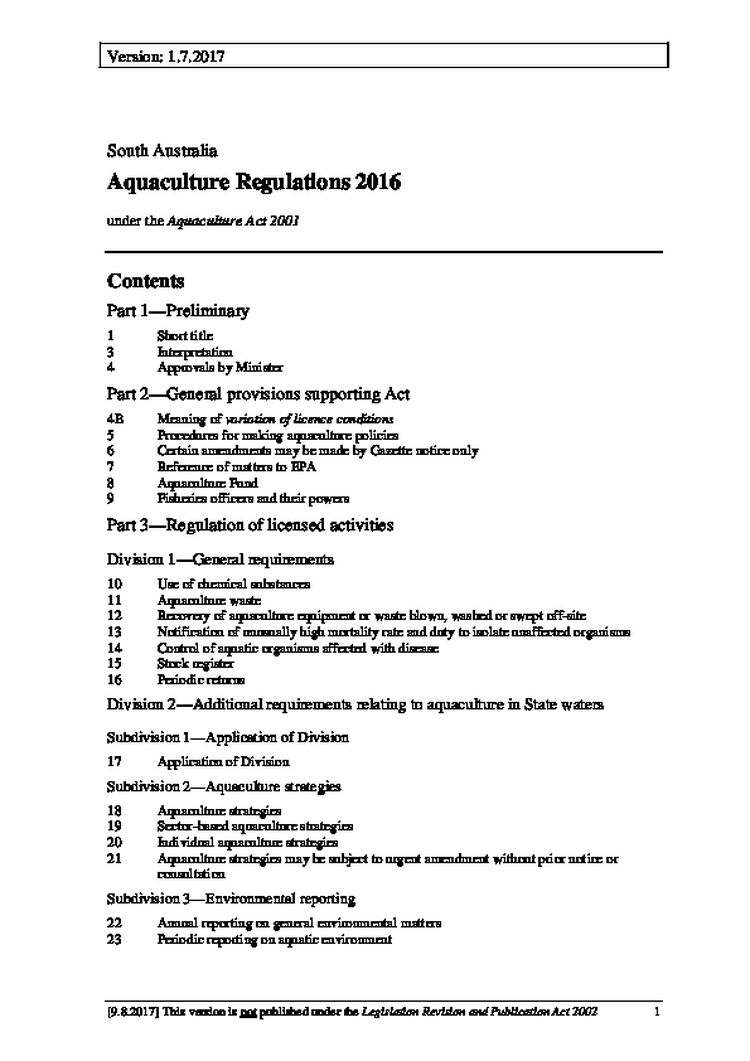 South Australia Aquaculture Regulations 2016