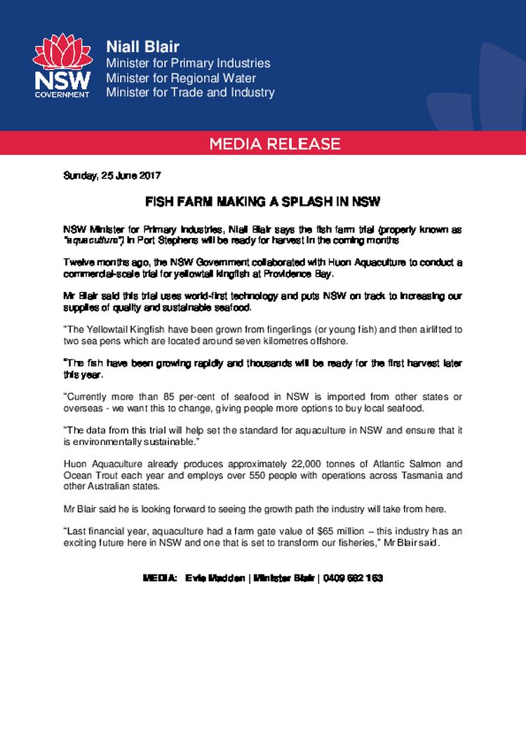 NSW Media Release - Fish farm making a splash in NSW