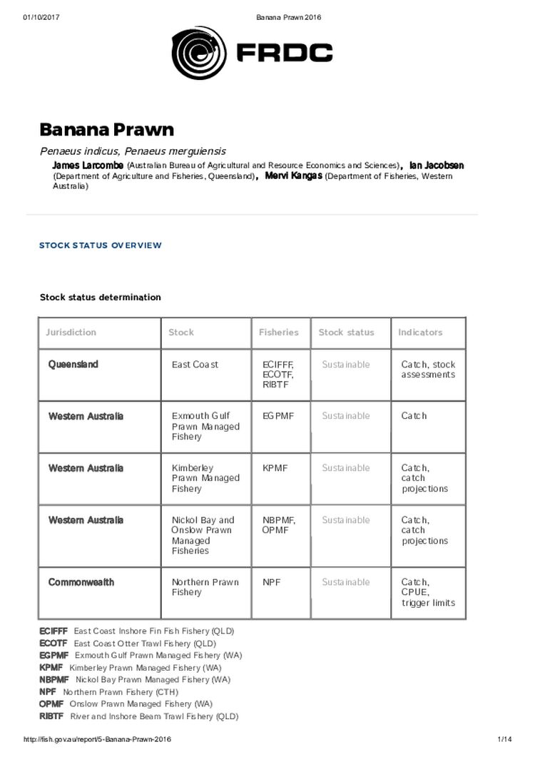 FRDC Stock Status Overview - Banana Prawn 2016
