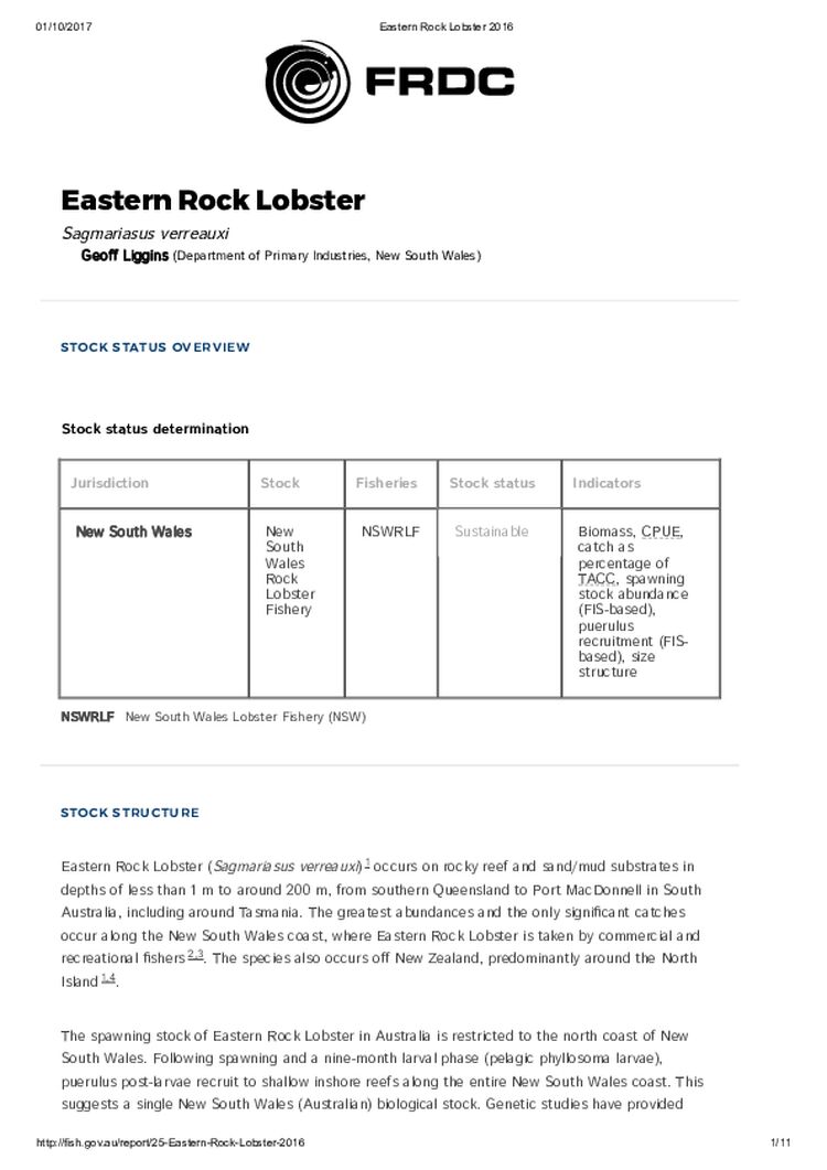 FRDC Stock Status Overview - Eastern Rock Lobster 2016