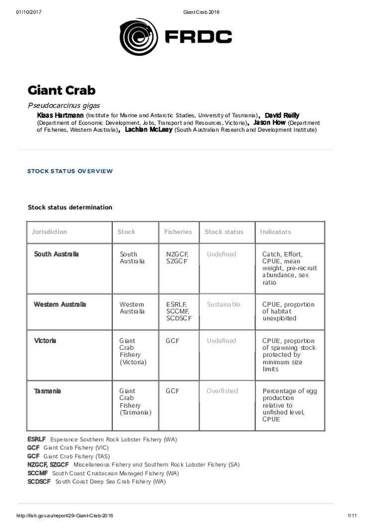 FRDC Stock Status Overview - Giant Crab 2016