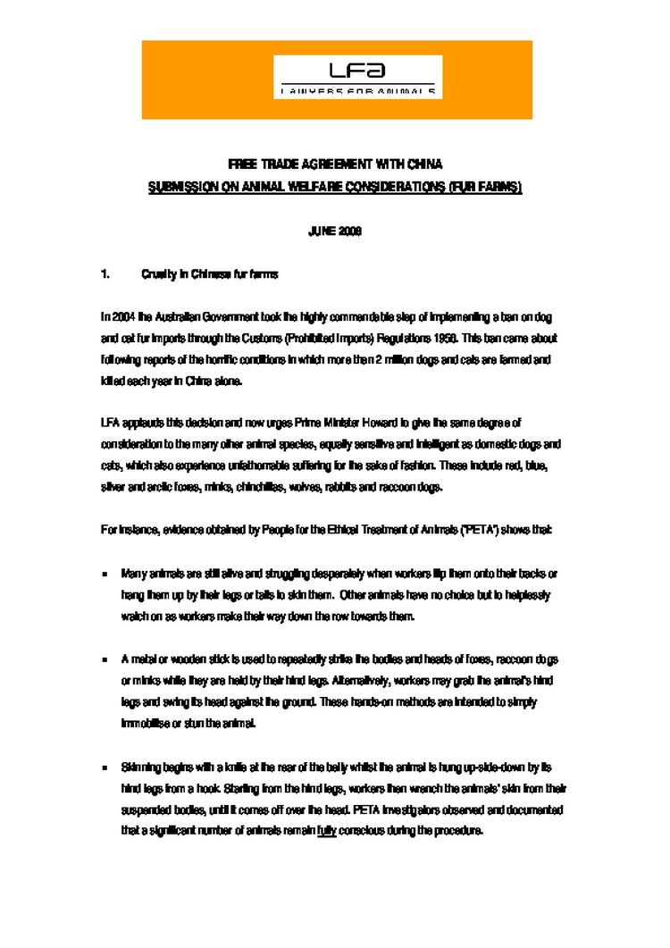 Lawyers for Animals - Free Trade Agreement with China Submission on Animal Welfare Considerations (Fur Farms)