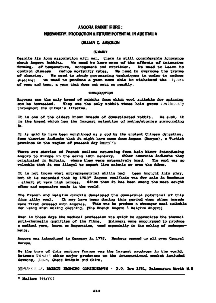 Angora Rabbit Fibre. Husbandry, production and future potential in Australia