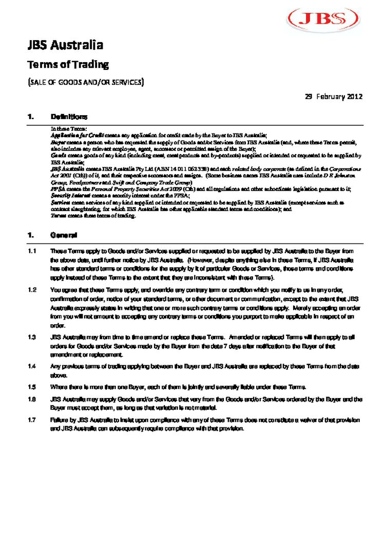 JBS Australia -  Terms of Trading (Sale of Goods and/or Services)