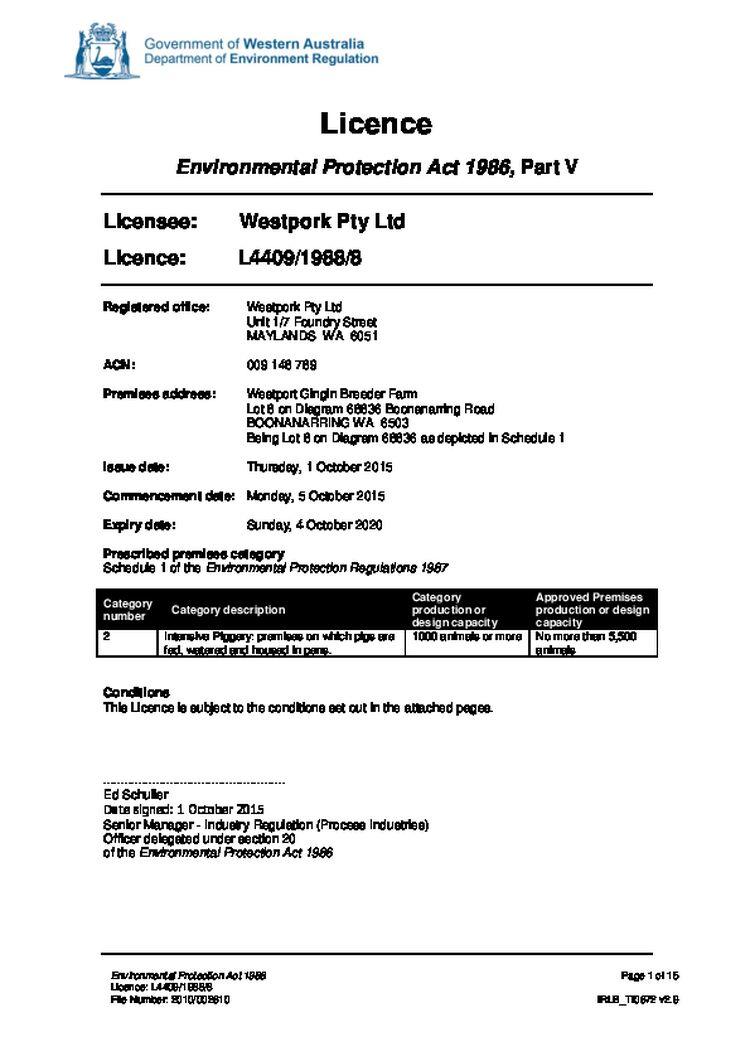 Westpork Piggery Licence