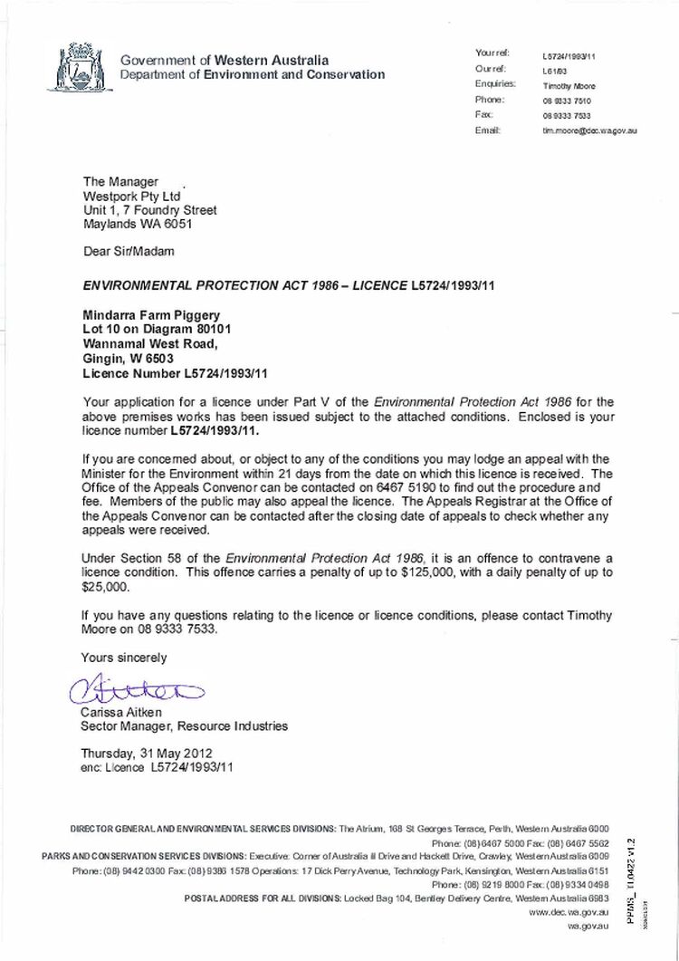 Mindarra Farm Piggery Licence