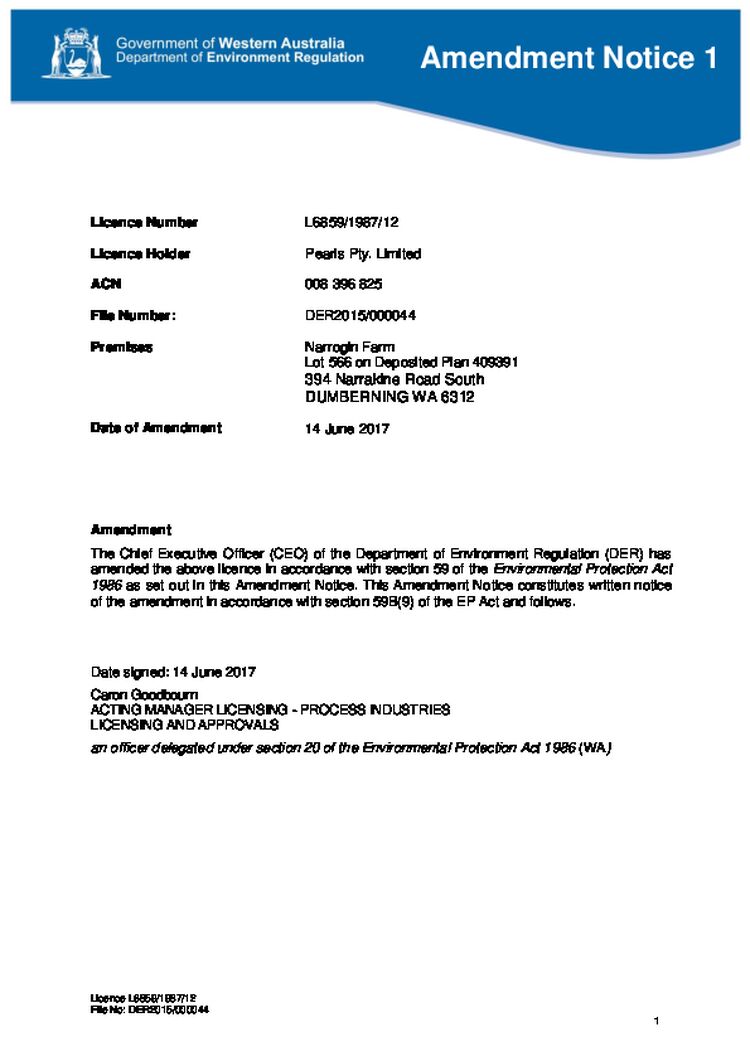 Narrogin Piggery Licence Amendment Notice