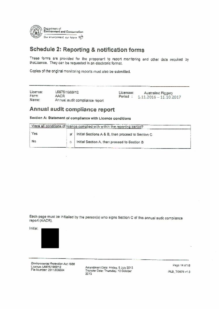 Australind Piggery Licence Annual Audit Compliance Report