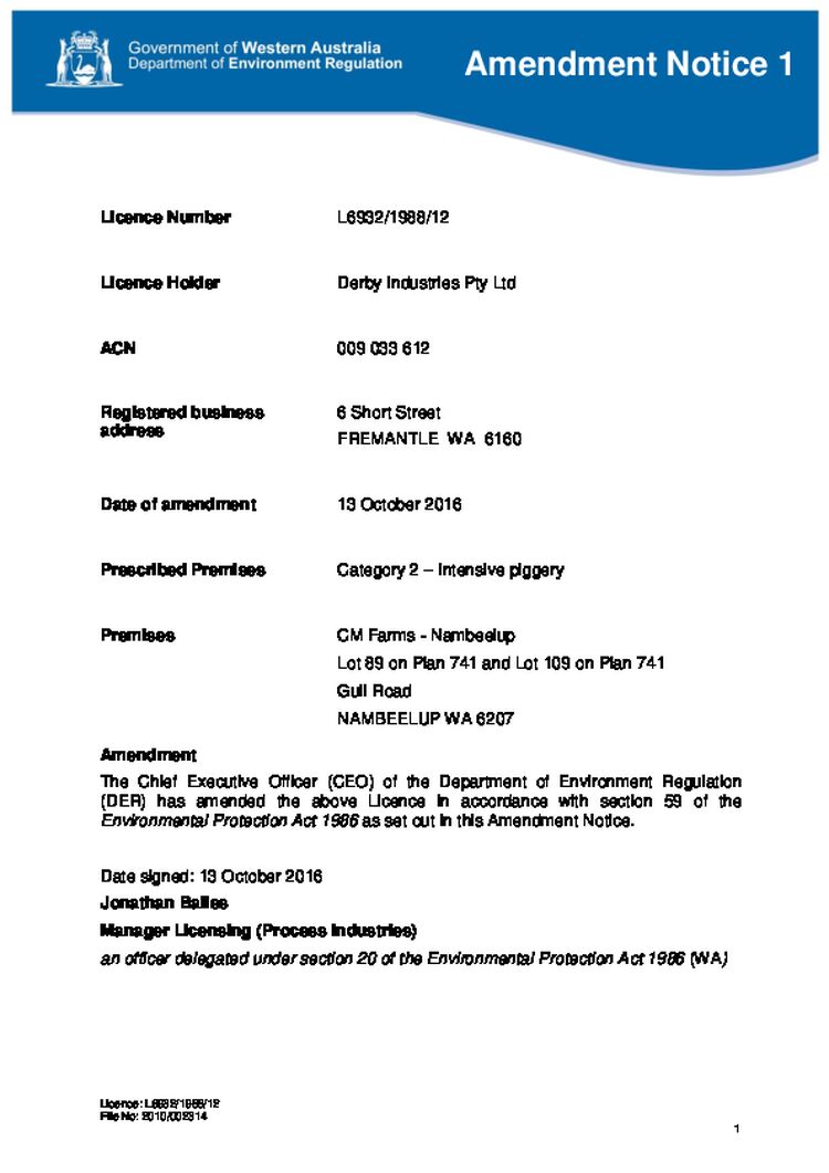 Nambeelup Piggery Licence Amendment 1