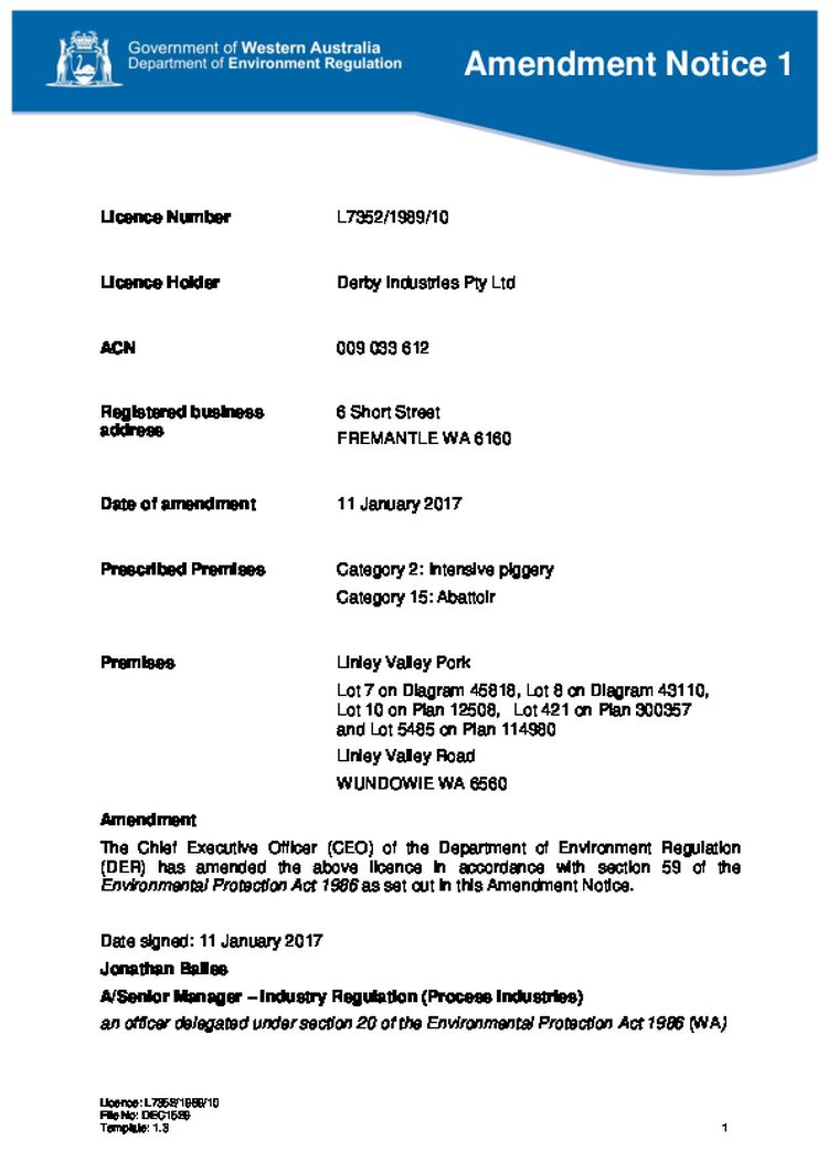 Linley Valley Pork Abattoir Licence Amendment