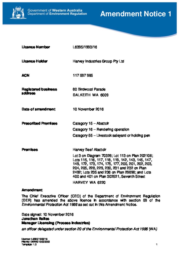 Harvey Beef Abattoir Licence Amendment Notice
