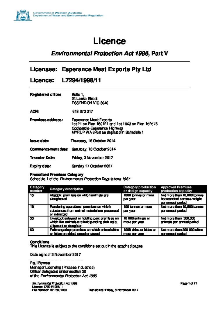 Esperance Meat Exports/Shark Lake Abattoir Licence