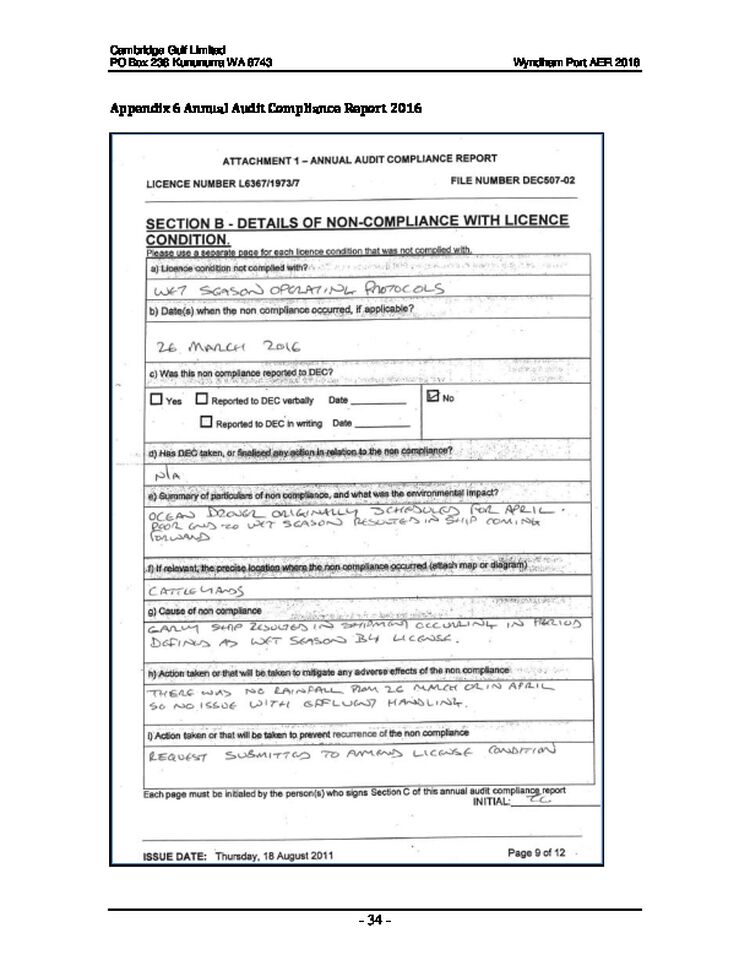 Port of Wyndham Holding Pens Annual Audit Compliance Report