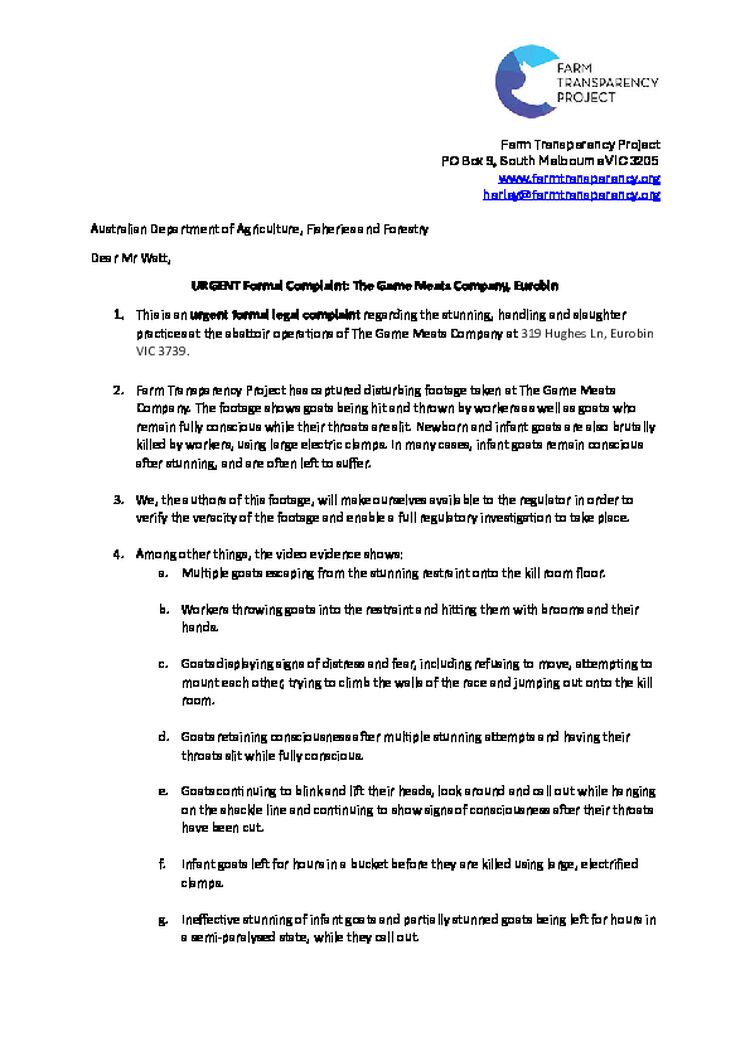 Formal complaint into slaughtering practices at Game Meats Company, Eurobin VIC (redacted)