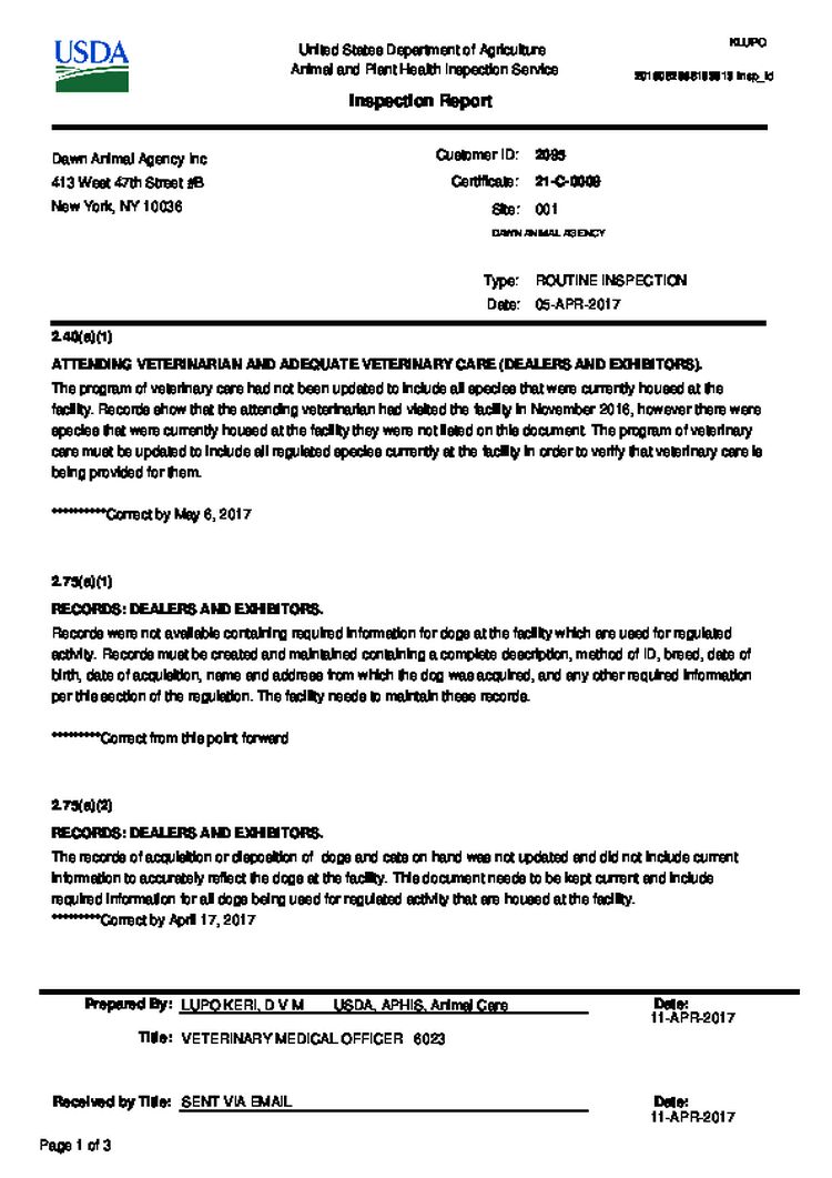 Inspection Report Dawn Animal Agency Inc Apr 2017