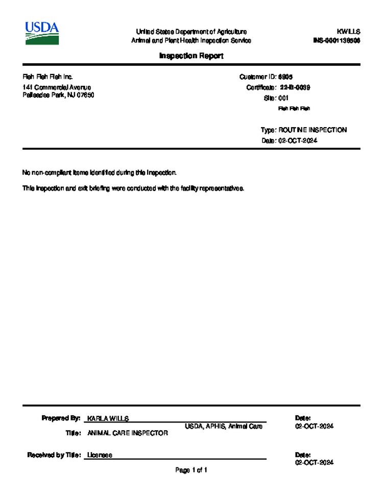 Inspection Report Fish Fish Fish Inc Oct 2024