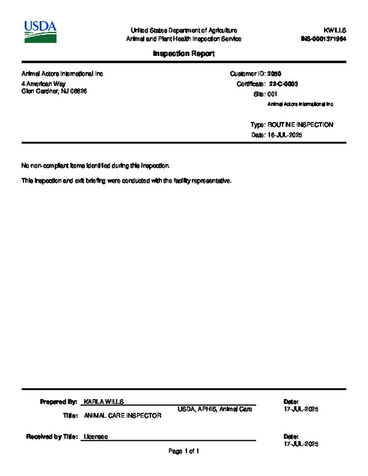 Inspection Report Animal Actors International Inc Jul 2025