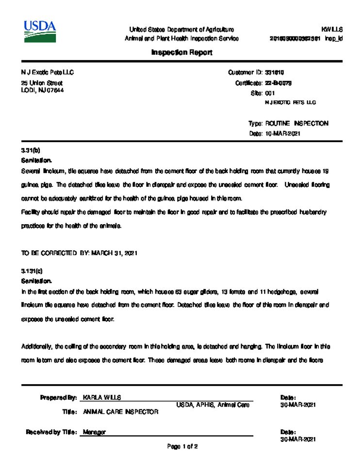 Inspection Report NJ Exotic Pets LLC March 2021