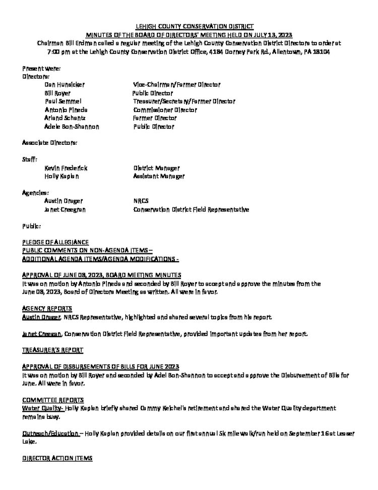 LEHIGH COUNTY CONSERVATION DISTRICT MINUTES OF THE BOARD OF DIRECTORS' MEETING HELD ON JULY 13, 2023