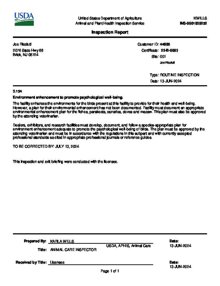 Inspection Report Joe Ricciuti Fish Fish Fish Inc 13 06 2024