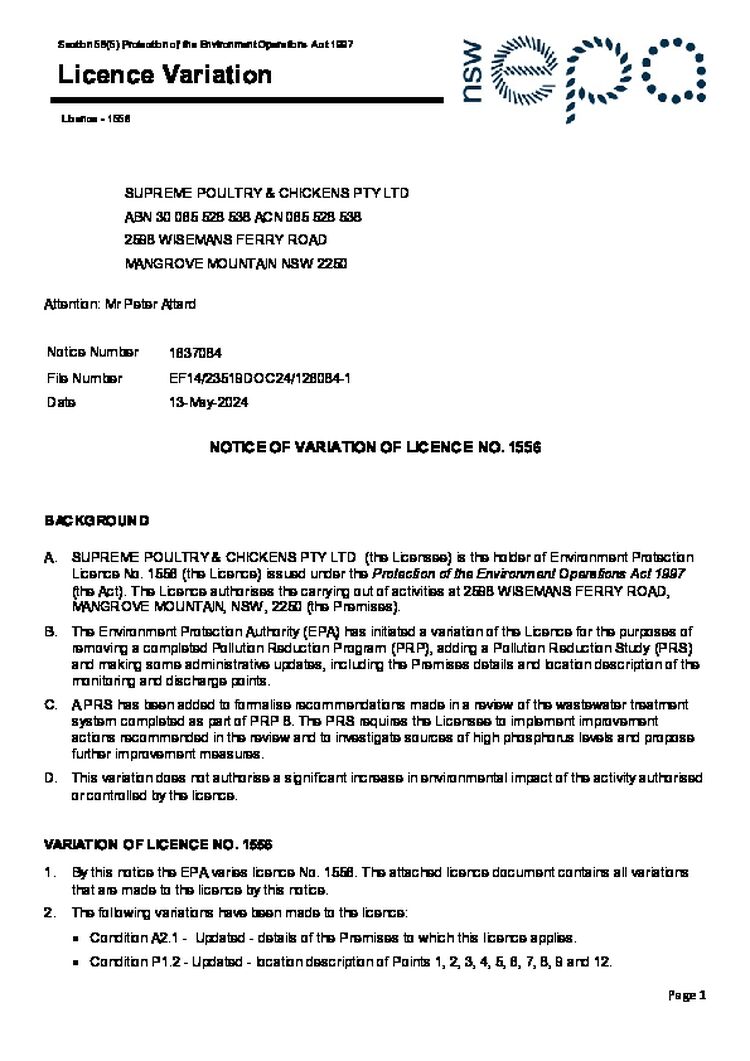Supreme Poultry EPA Licence No1556 -Variation