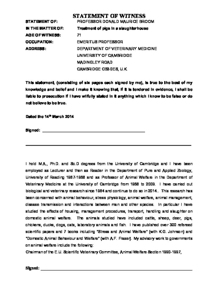 Witness statement - Professor Donald Broom - carbon dioxide gassing of pigs