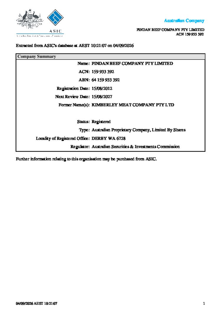 Pindan Beef Company Pty Ltd - ASIC