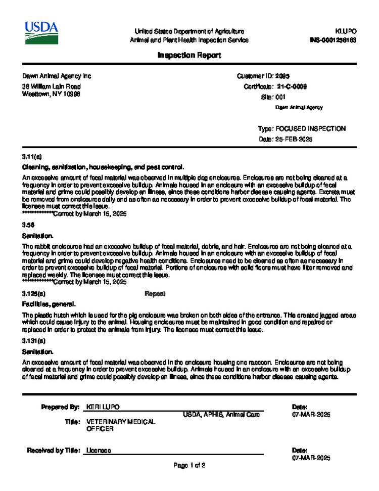 Inspection Report Dawn Animal Agency Inc Feb 2025