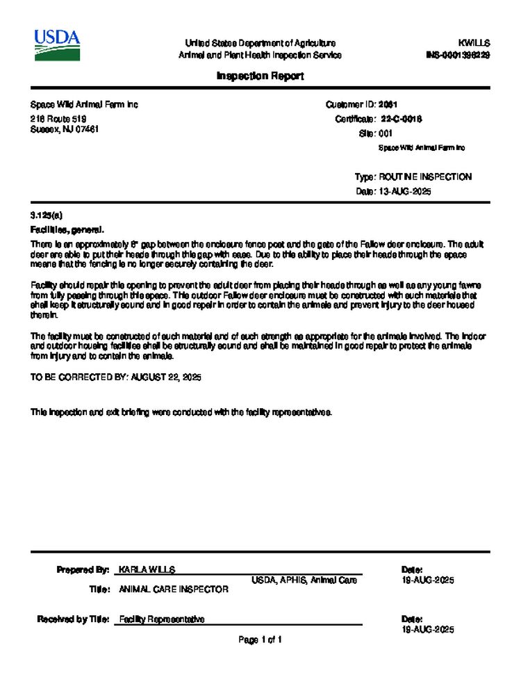 Inspection Report Space Wild Animal Farm Inc August 19th, 2025