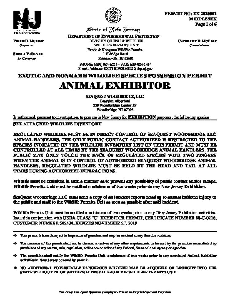 11.21.19 NJFW Exotic Animal Exhibitor Permit (EX-2020001)