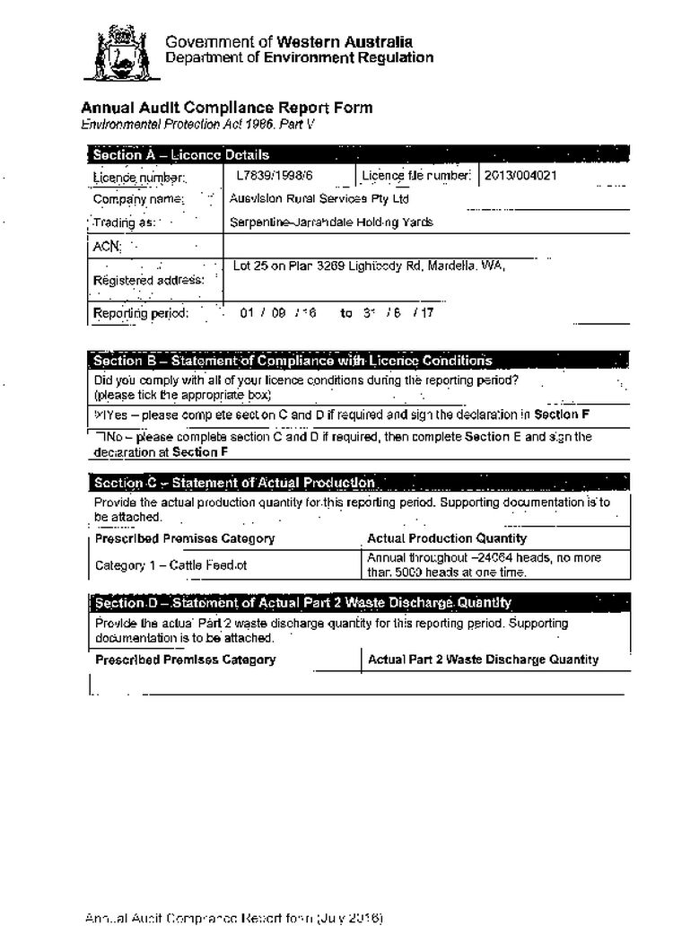 Serpentine-Jarrahdale Holding Yards Annual Audit Compliance Report Form