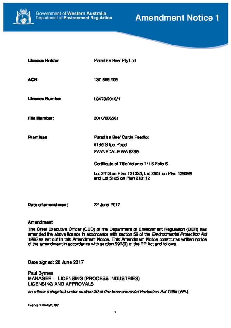 Paradise Beef Cattle Feedlot Licence Amendment