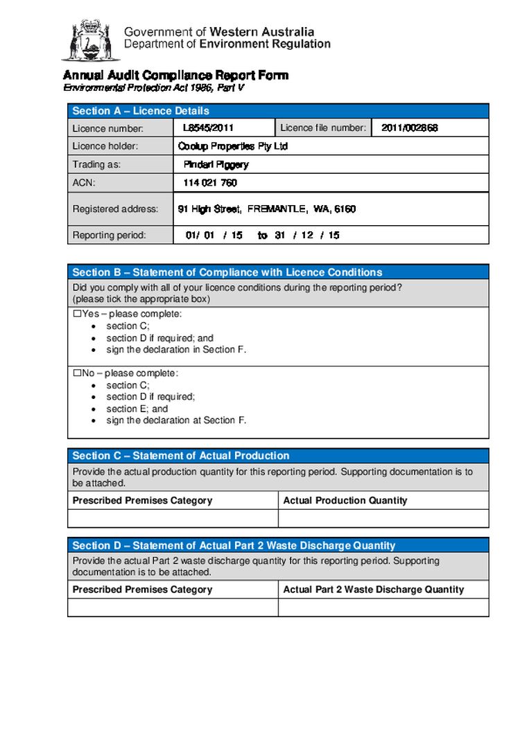 Pindari Piggery Licence Annual Audit Compliance Report