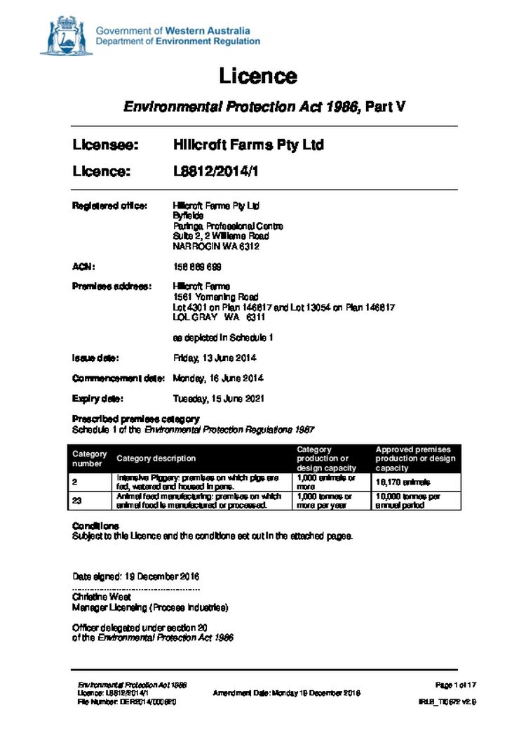 Hillcroft Farms Piggery Licence