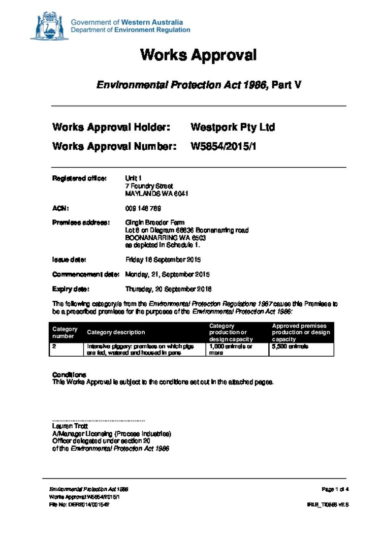 Westpork Gingin Breeder Farm Works Approval