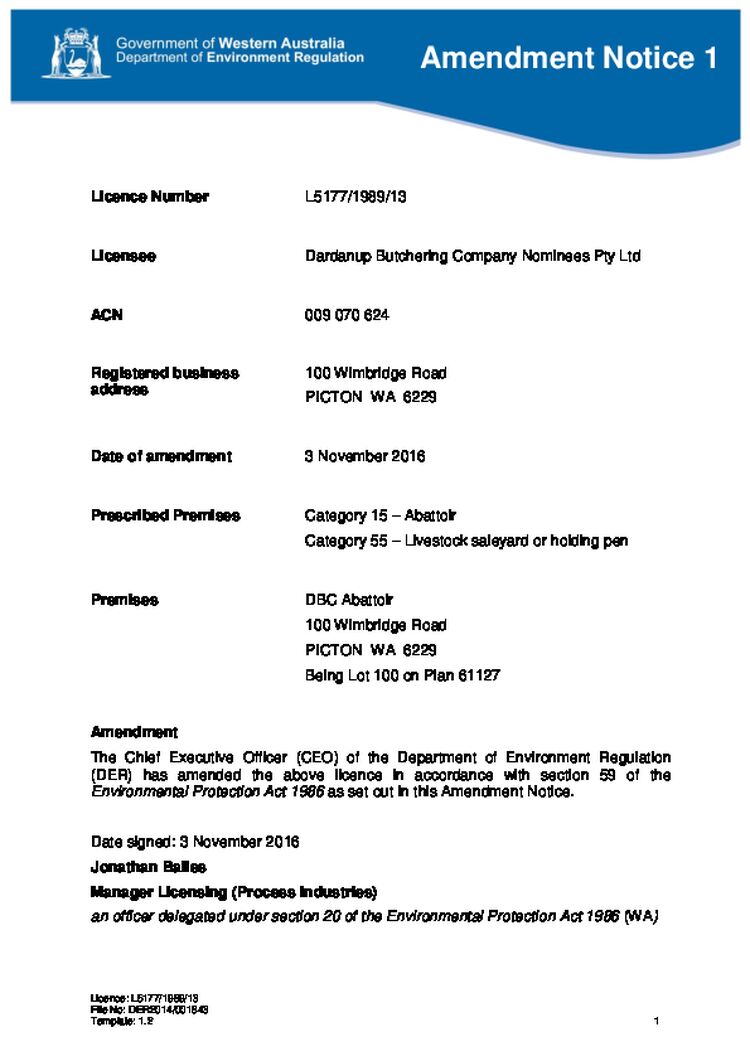 Dardanup Butchering Company Licence Amendment Notice
