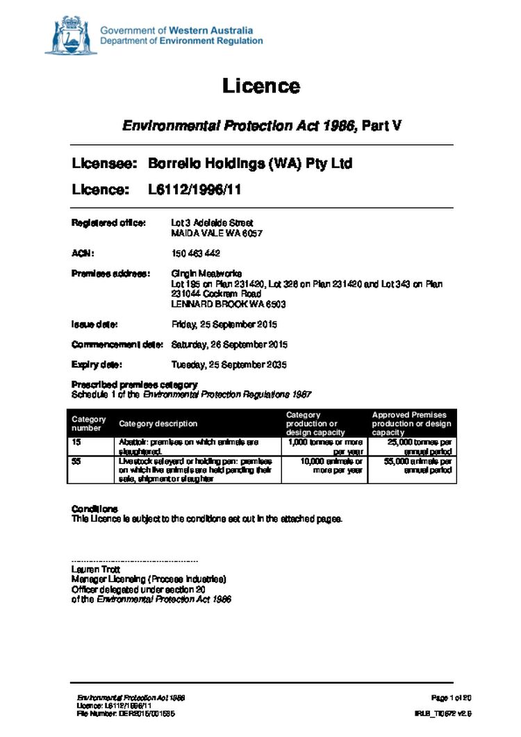 Gingin Meatworks Abattoir Licence