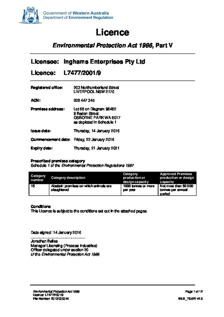 Inghams Abattoir Licence