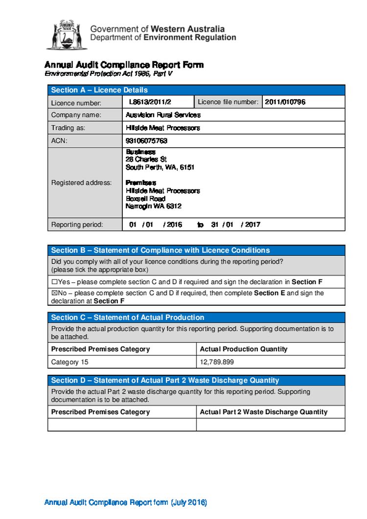 Hillside Meat Processors Abattoir Annual Audit Compliance Report