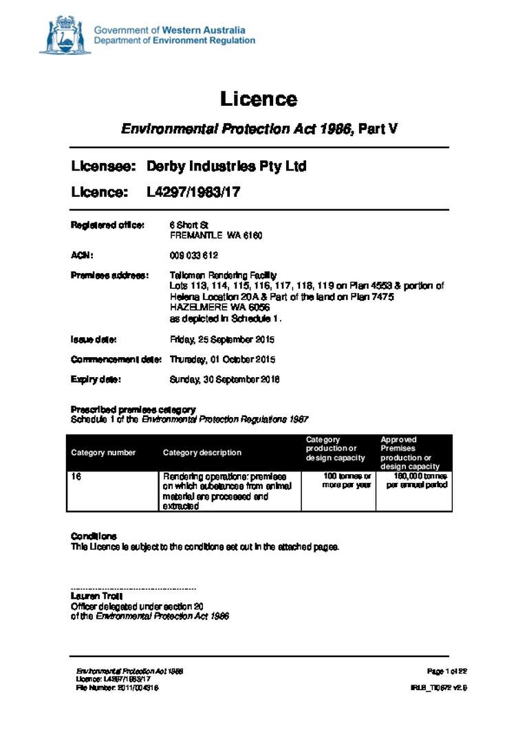 Talloman Rendering Facility Licence