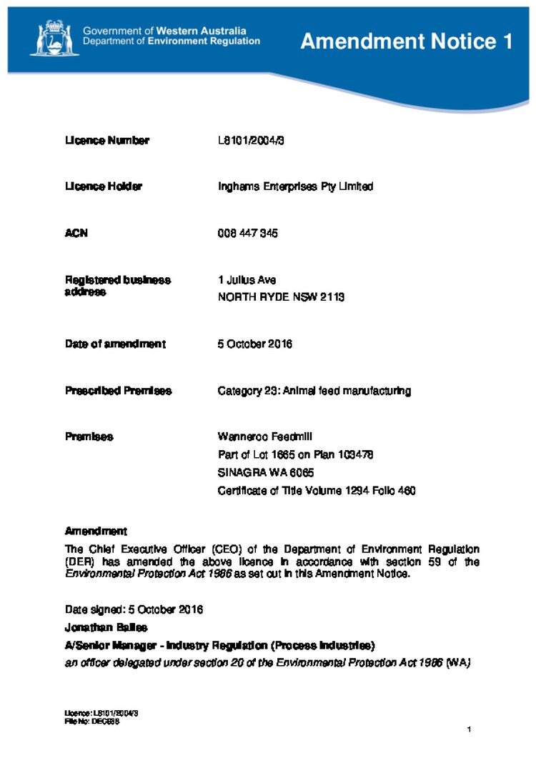 Wanneroo Feedmills Licence Amendment
