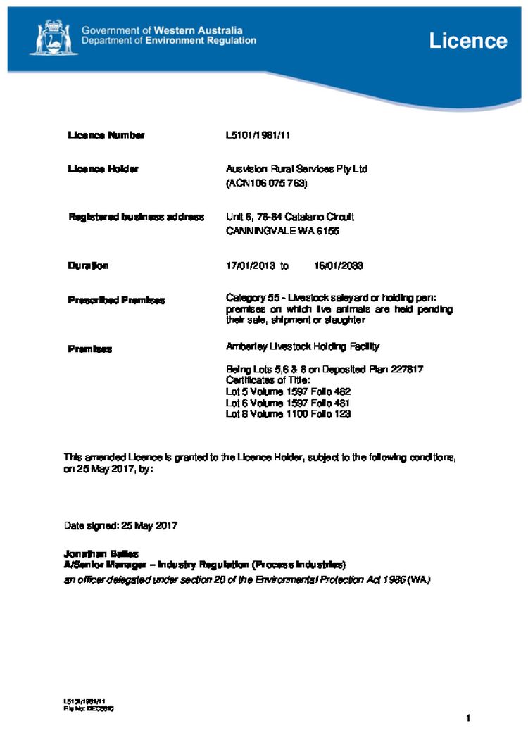 Amberley Livestock Holding Facility Licence