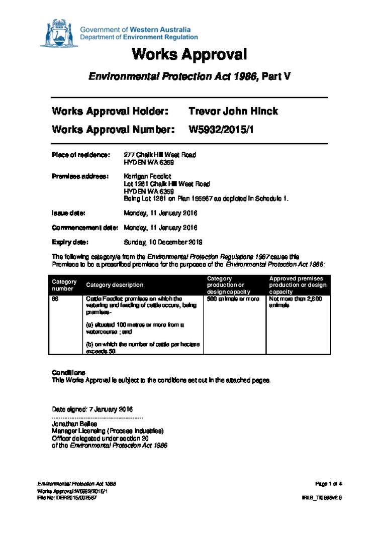 Kerrigan Feedlot Works Approval