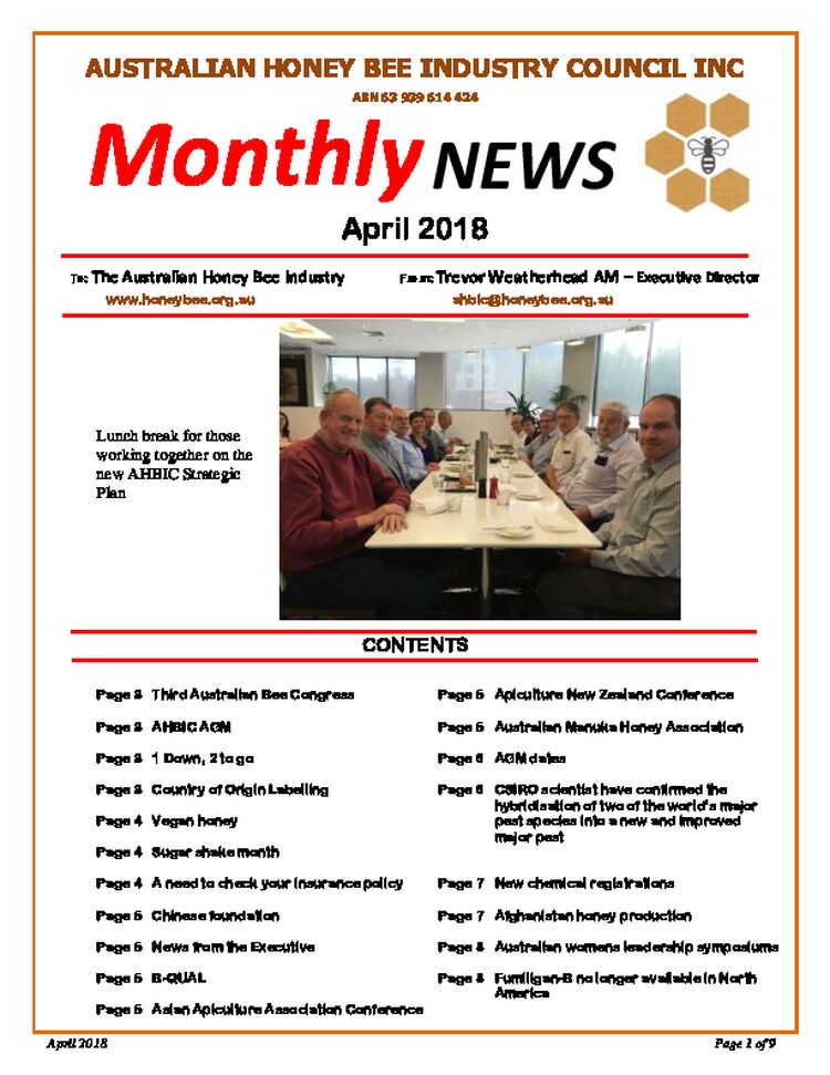 Australian Honey Bee Industry Council Inc. Monthly Newletter - April 2018