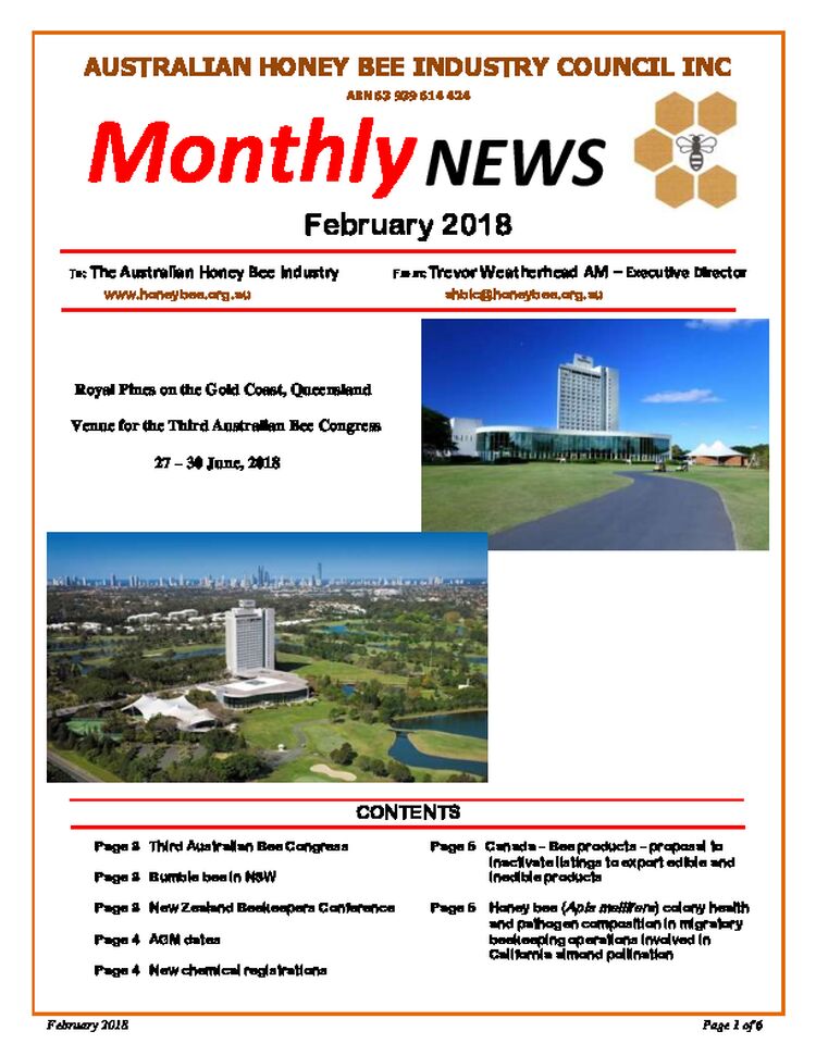 Australian Honey Bee Industry Council Inc. Monthly Newletter - February 2018