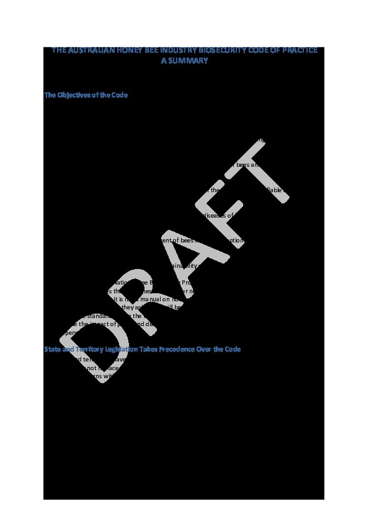 Australian Honey Bee Industry Biosecurity Code of Practice - A Summary