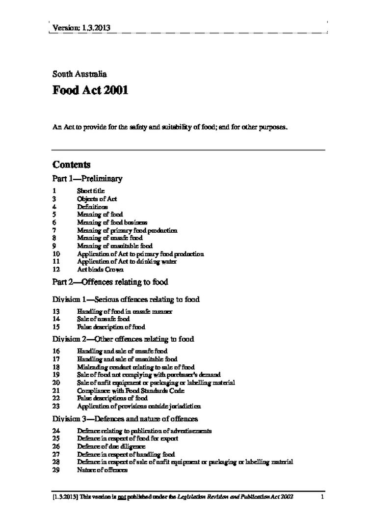 SA Food Act 2001