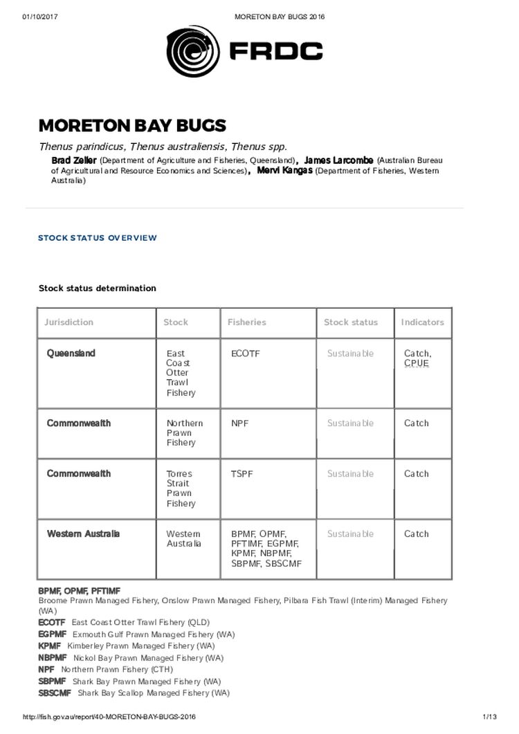 FRDC Stock Status Overview - Moreton Bay Bugs 2016