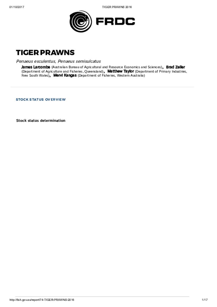 FRDC Stock Status Overview - Tiger Prawns 2016
